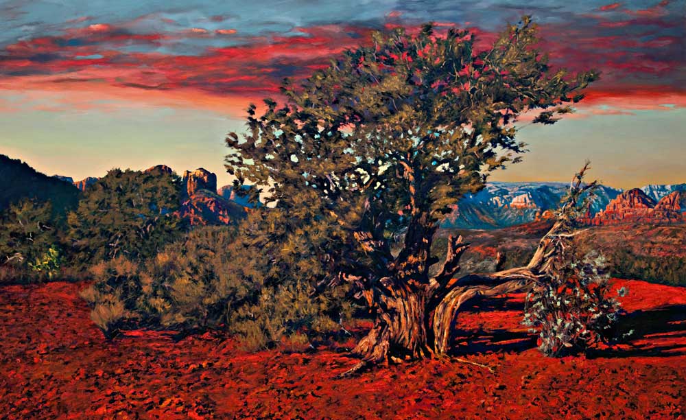 Burning Bush by Victor Hohne, Size: 30"h x 42"w, original painting oil on canvas, Apache Fire, Sedona, Arizona