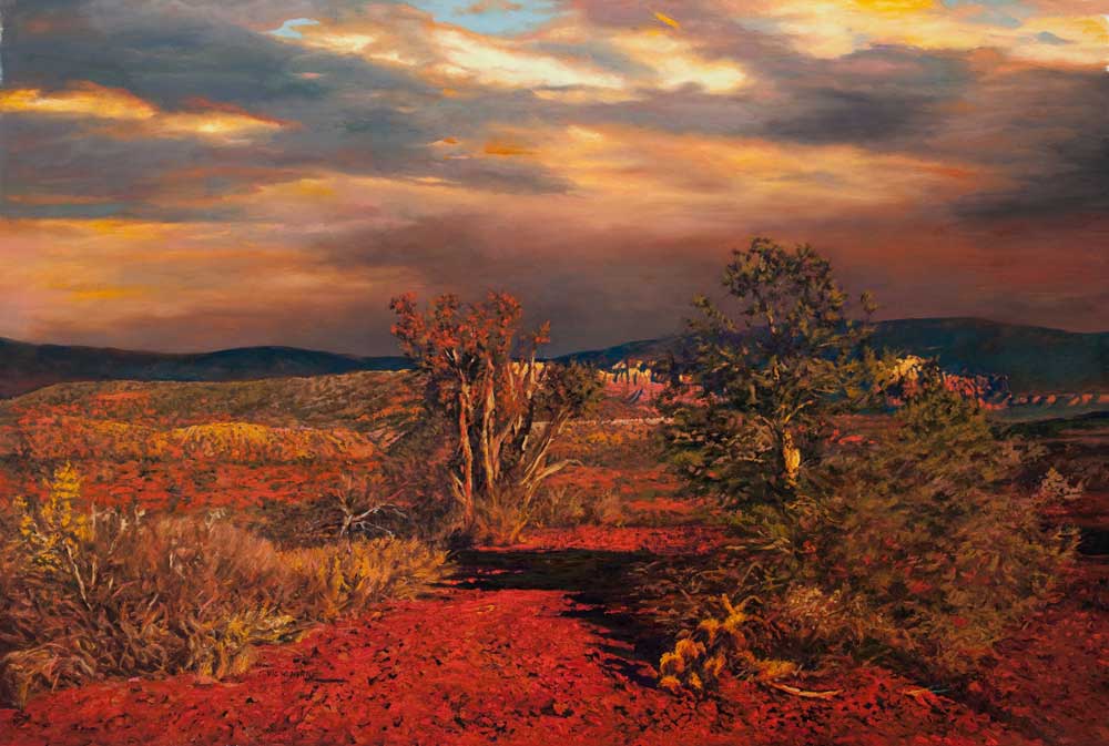 Evening Light by Victor Hohne, Size: 24"h x 36"w, original painting oil on canvas, Apache Fire, Red Rock Escarpments, Sedona, Arizona