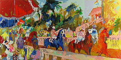 Leaving the Paddock by LeRoy Neiman, Size: 18 3/4"h x 38”w, Published 2008, Limited Edition Serigraph, Numbered 300 pieces+60 A.P.+9 P.P., Signed and numbered by LeRoy Neiman