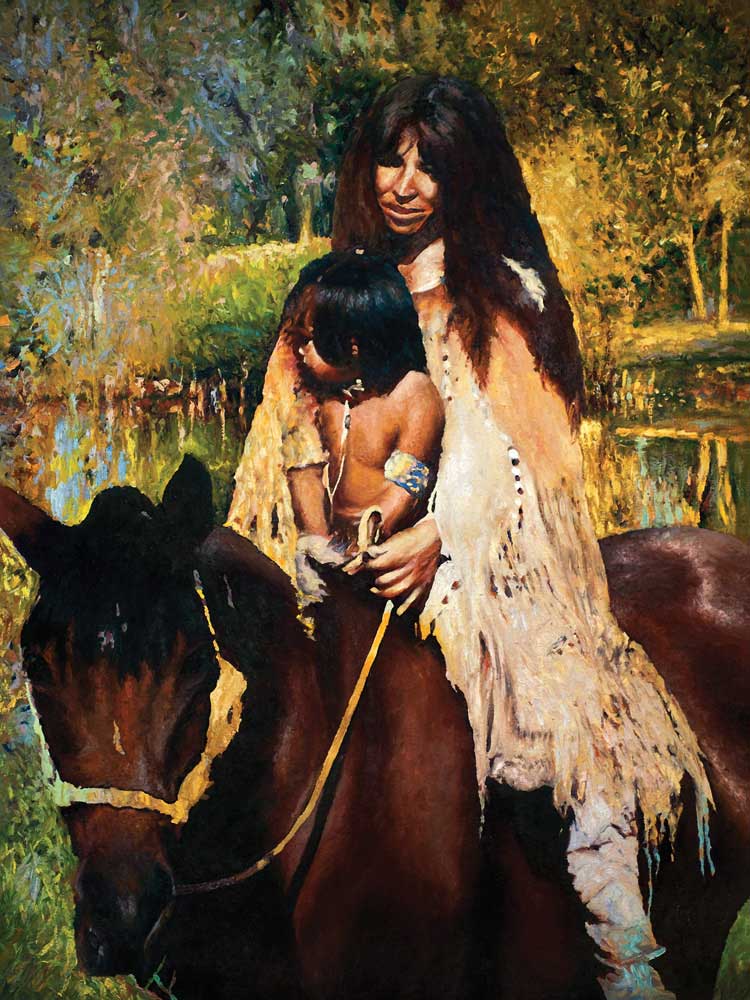 On Horseback by Victor Hohne, Size: 40"h x 30"w, original painting oil on canvas, Mother & Child