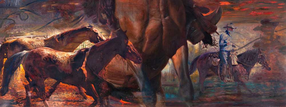 The Ride by Victor Hohne, Size: 18"h x 36"w, original painting oil on canvas, Homage to the Movie: The Last Roundup Old Tucson